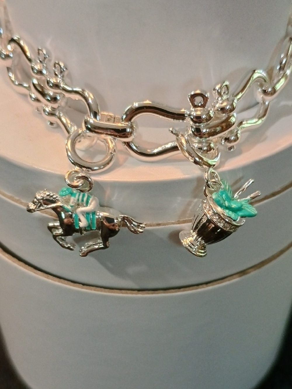 Kentucky Derby Silver Charm Bracelet with Turquoise Horse & Cup Charms